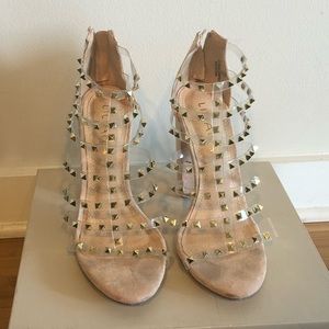 Spiked clear strappy chunky heels